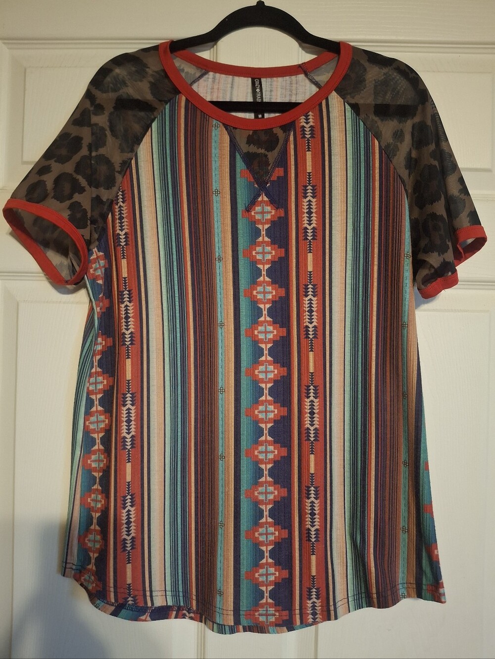 Crazy Train Women’s Multicolor Aztec Stripe and Animal Print Short Sleeve Top